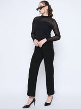 Women's Black Casual Full Sleeve Band Neck Embellished Solid Mesh Top