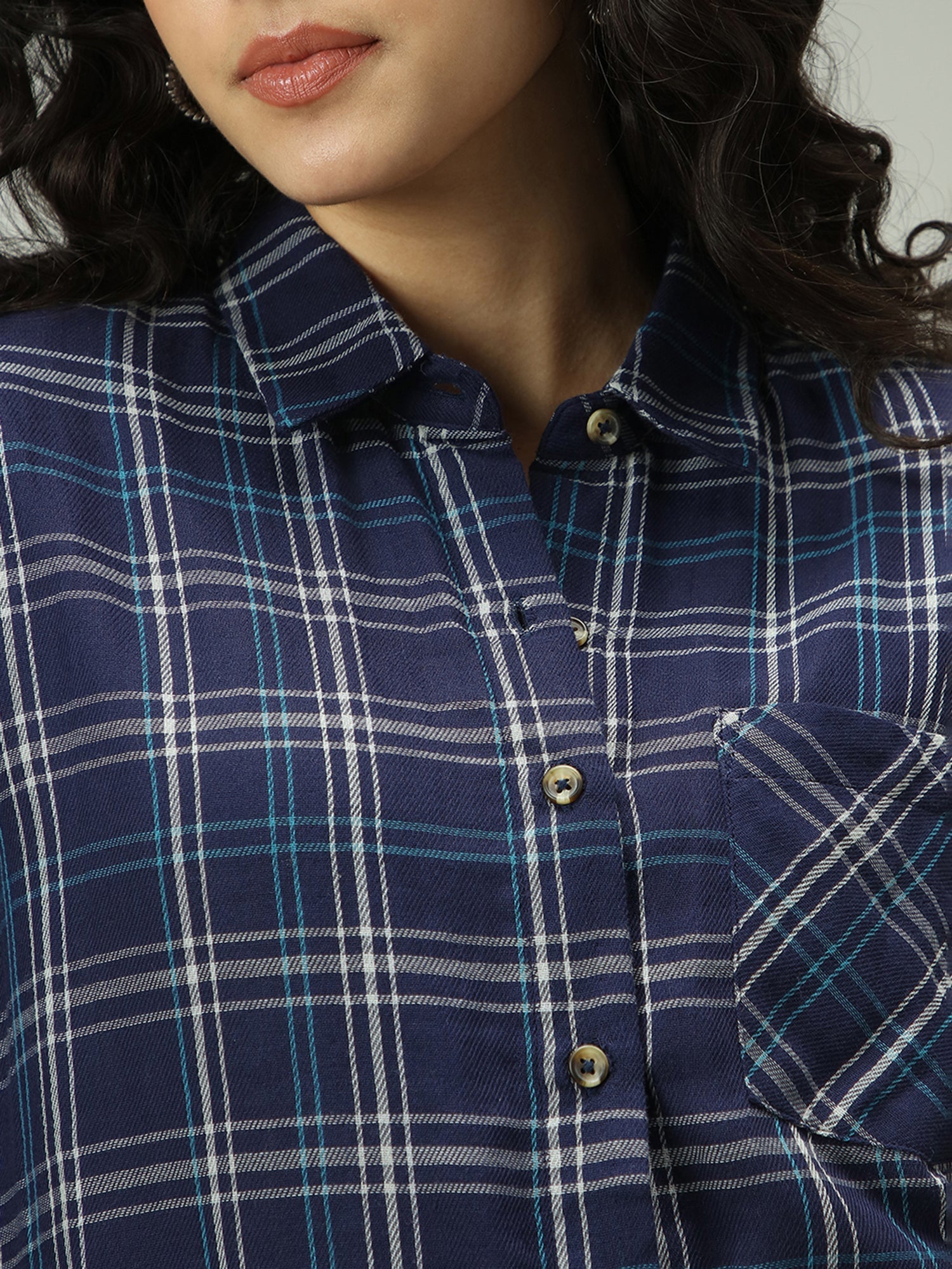 Women's Navy Casual Oversized Fit Checked Shirt