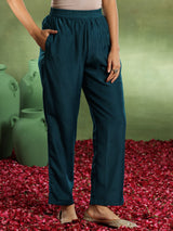 Women's Blue Floral Zari Embroidered Yoke Design Kurta with Solid Trouser and Embroidered Dupatta