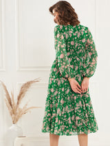 Women's Green Floral Printed V-Neck Puff Sleeve Pleated Tie Fit & Flare Dress