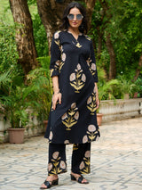 Women's Black Cotton Cambric Floral A-Line Kurta Set