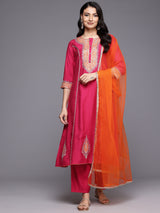 Women's Pink Zari Embroidered Contrast Yoke Kurta With Bottom And Contrast Dupatta