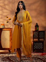Women's Yellow Floral Embroidered Dobby Kurta with Solid Trouser and Poly Chiffon Self Design Dupatta