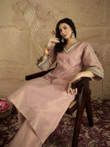 Women's Pink Kurta with Solid Ankle Length Palazzo and Embroidered Net Dupatta