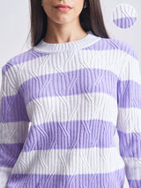 Women's Lavender Casual Striped Full Sleeves Sweater