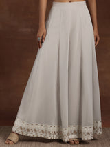 Women's Grey Floral Embroidered Georgette Crop Top with Embroidered Hem Palazzo and Solid Dupatta