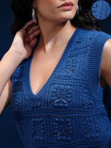 Women's Blue Casual Self-Design Sleeveless Sweater