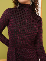 Women's Maroon Party Velvet Mock Neck Sheath Dress