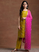 Women's Yellow Floral Embroidered Kurta with Lining and Solid Trouser with Self Design Dupatta
