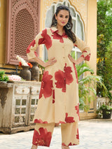 Women's Beige and Rust Floral Shirt-Style Kurta Set
