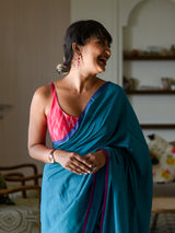 Women's Blue Cotton Blend Saree