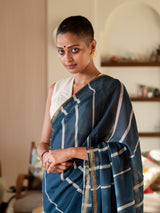 Women's Blue Cotton Blend Saree