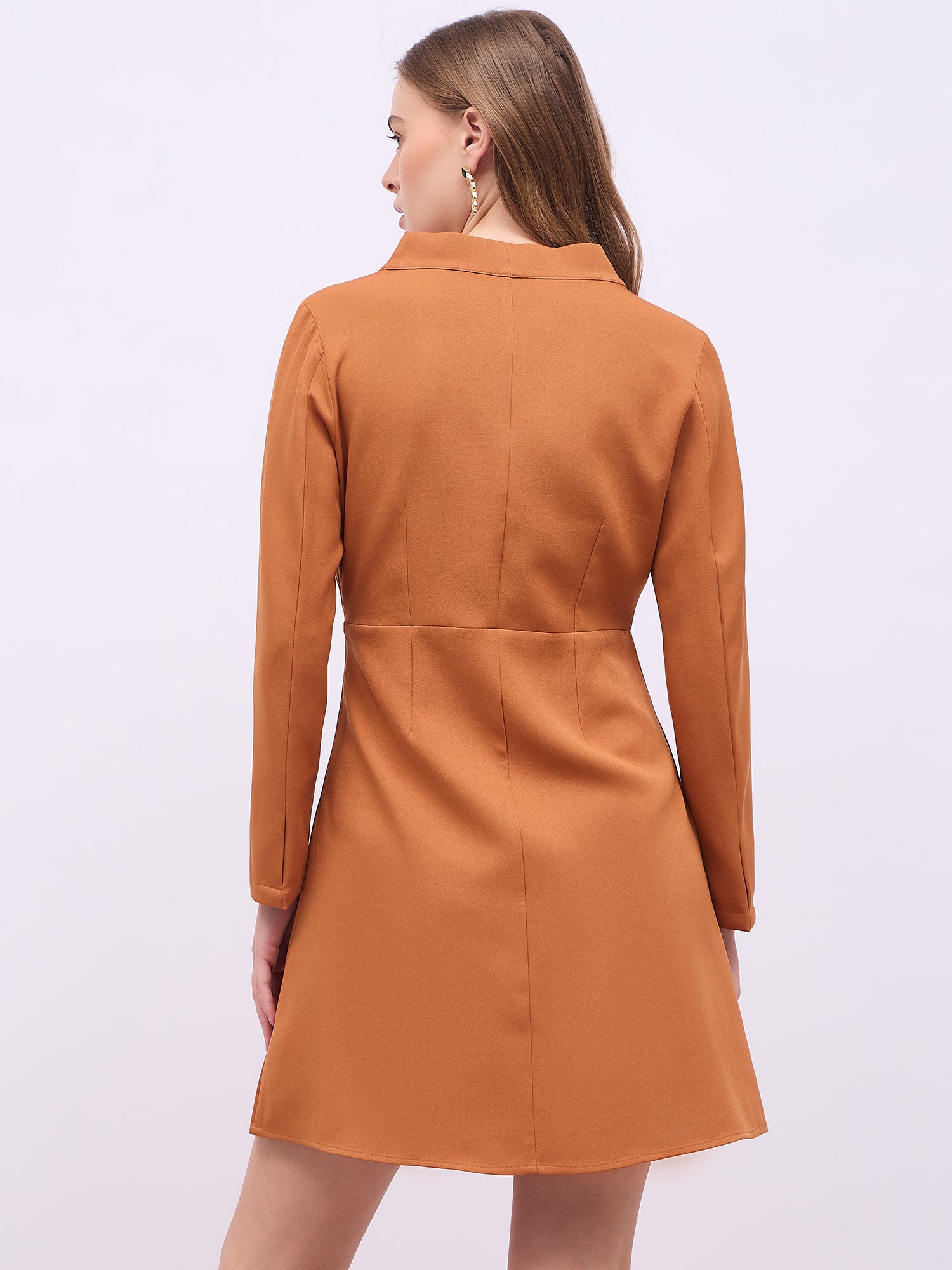 Women's Brown V-Neck Long Sleeves A-Line Mini Dress