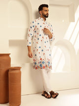 Men's White Cotton Daman Print Long Kurta with Krochet Embroidery