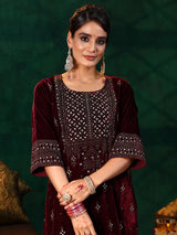 Women's Wine Ethnic Motif Embellished Velvet Kurta With Salwar and Dupatta