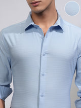 Men's Blue Casual Slim Fit Cutaway Collar Textured Cotton Formal Shirt