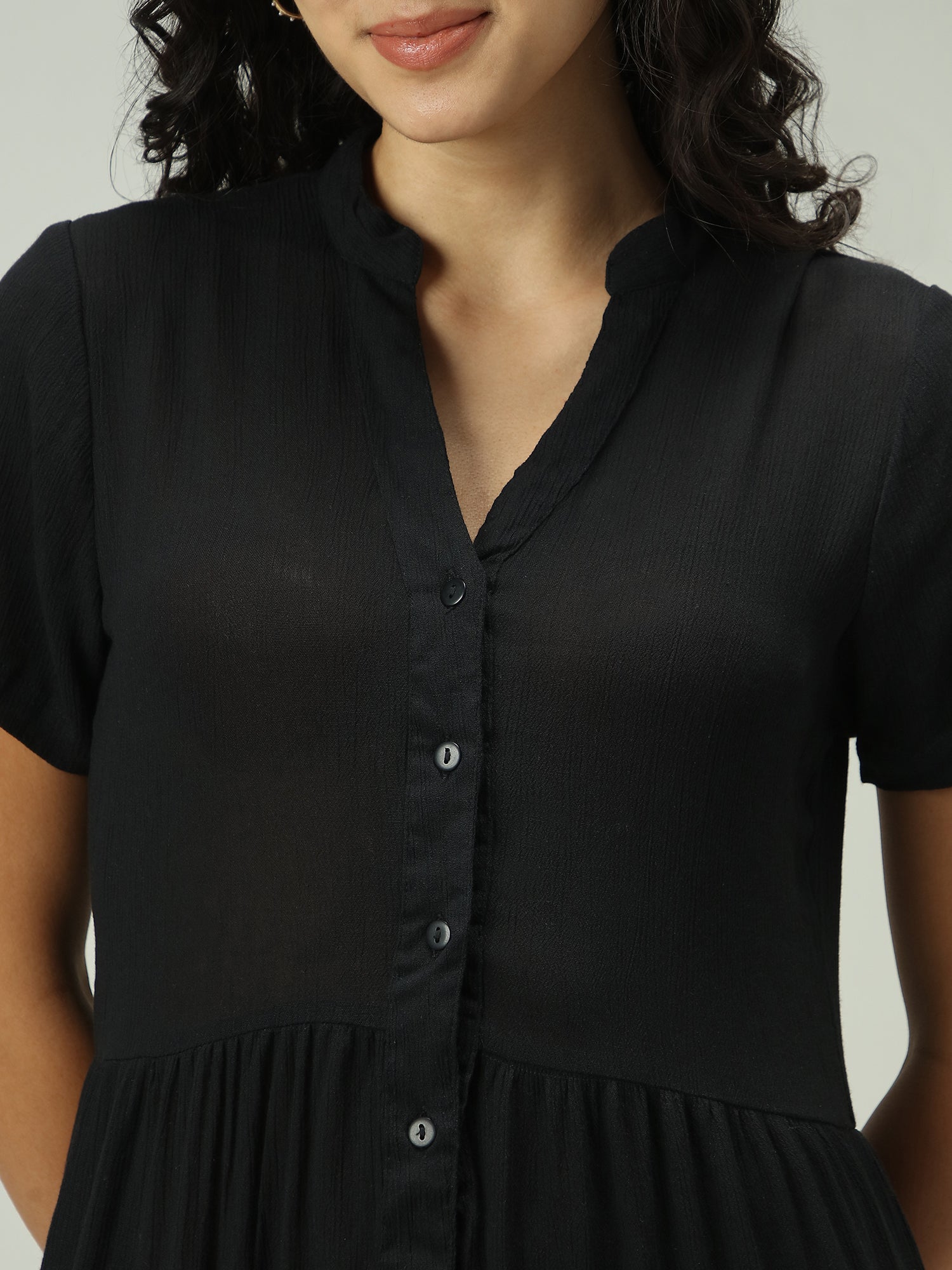 Women's Black Button Down Tiered Midi Dress