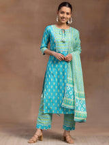 Women's Blue Cotton Printed Gotta Patti Tassel Detail Straight Kurta with Printed Trousers & Dupatta