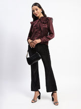 Women's Wine Casual Full Sleeve Tie Knot Frill Necked Striped Top