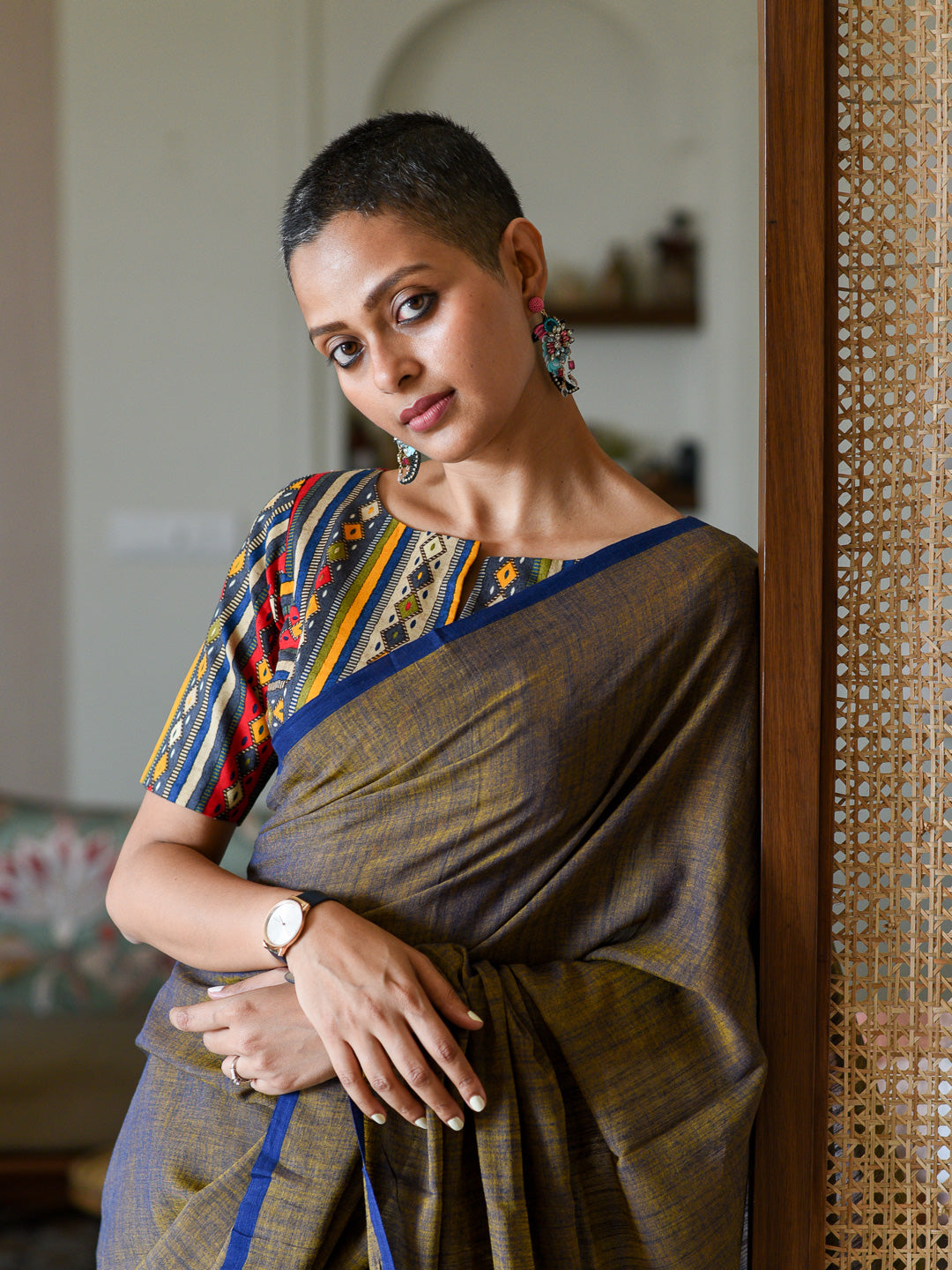 Women's Brown Cotton Blend Saree