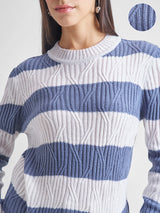 Women's Blue Casual Striped Full Sleeves Sweater