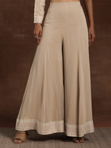 Women's Beige Ethnic Motif Embroidered Georgette Top with One Side Extended Sleeve & Solid Wide Leg Palazzo