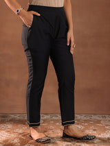 Women's Black Solid Straight Kurta and Solid Trouser with Self Design Dupatta