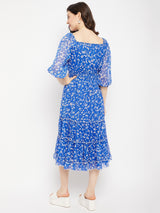 Women's Cobalt Blue Square Neck Floral Printed Smocked Tie Chiffon Fit & Flare Midi Dress