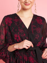 Women's Black V-Neck Bishop Sleeves Floral Printed Midi Opaque Party Dress