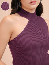 Women's Purple Casual Self-Design Sleeveless Sweater