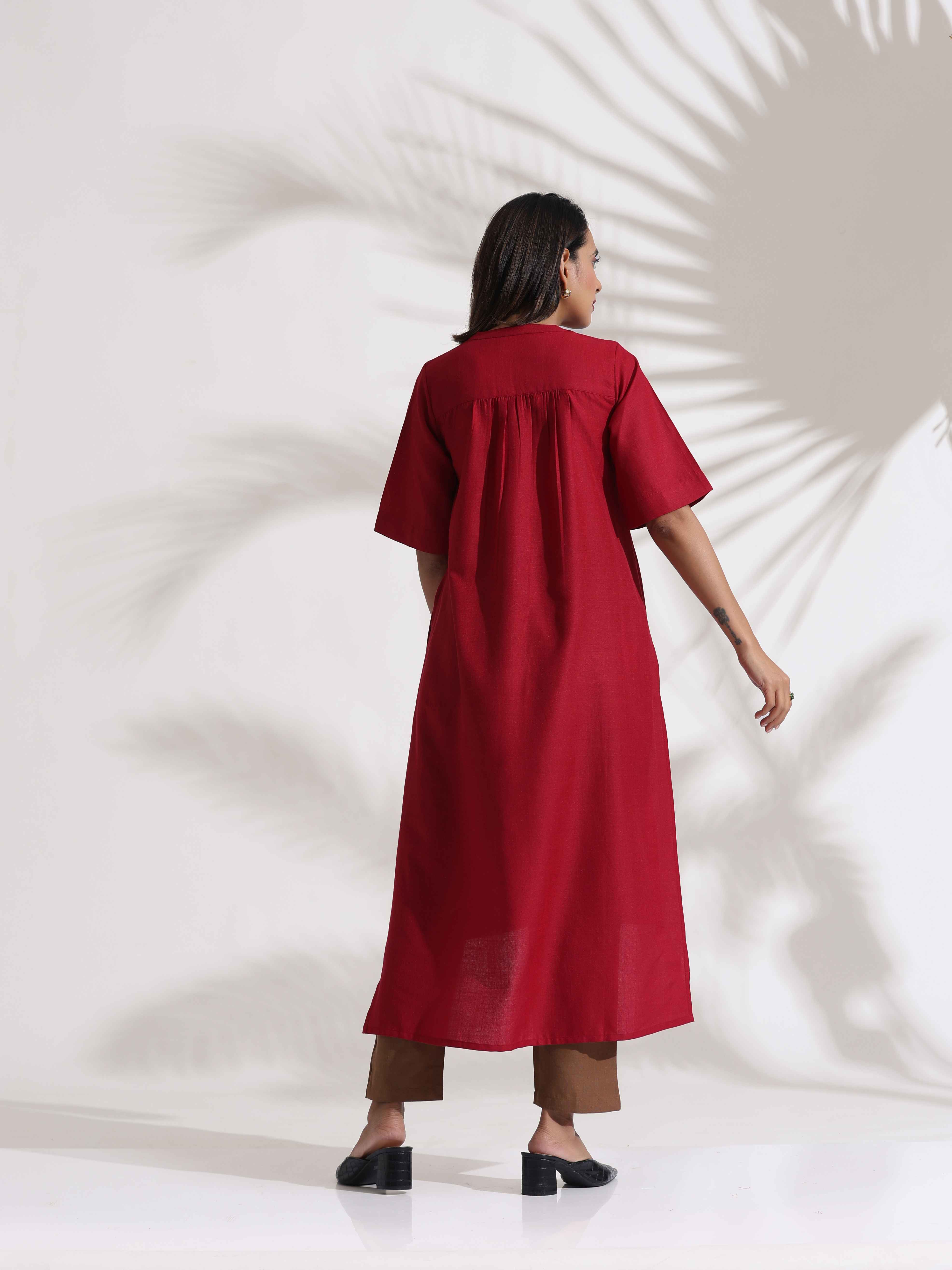 Women's Red Slub Highslit Kurta Set