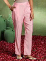 Women's Pink Silk Blend Yoke Design Straight Kurta and Trouser with Silk Blend Printed Dupatta