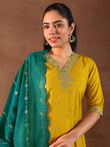 Women's Yellow Floral Embroidered Straight Kurta with Solid Trouser and Embellished Dupatta
