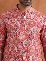 Men's Red Festive Printed Regular Fit Full Sleeves Kurta