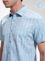 Men's Blue Casual Striped Half Sleeves Shirt