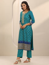 Women's Blue Bandhani Printed Zari Kurta With Trouser and Dupatta