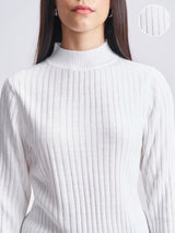 Women's White Casual Self-Design Full Sleeves Sweater