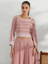Women's Pink Ethnic Motif Embroidered Georgette Top with One Side Extended Sleeve and Solid Wide Leg Palazzo