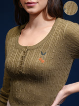 Women's Green Casual Self-Design Full Sleeves Sweater