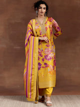 Women's Yellow Floral Printed Kurta with Solid Brocade Trouser and Printed Dupatta