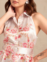 Women's Pink Printed Flared Dress With Halter Neck And Belt Detail