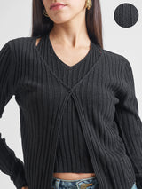 Women's Black Casual Self-Design Full Sleeves Sweater