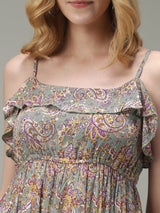 Women's Green Casual Fit & Flare Printed Dress