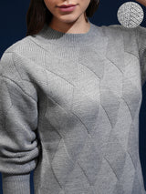 Women's Grey Casual Self-Design Full Sleeves Sweater