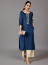 Women's Women Blue Floral Yoke Embroidered Cotton Blend Kurta with a Pocket