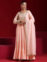 Women's Peach Floral Embroidered Panelled Mulmul Long Kurta With Trouser and Dupatta