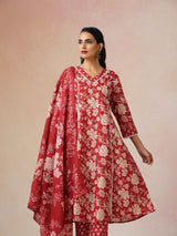 Women's Red Festive Printed Kurta Set