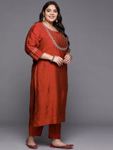 Women's Maroon Yoke Design Kurta With Trousers & With Dupatta