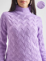 Women's Lavender Casual Self-Design Full Sleeves Sweater