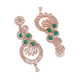 Women's Rose Gold Plated CZ Dangle Earrings with Emerald Stones